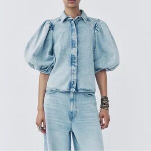 Zara ZW COLLECTION DENIM BLOUSE Puff sleeves Light Blue S